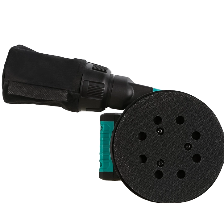 Operator using a cordless orbital sander on a wooden surface