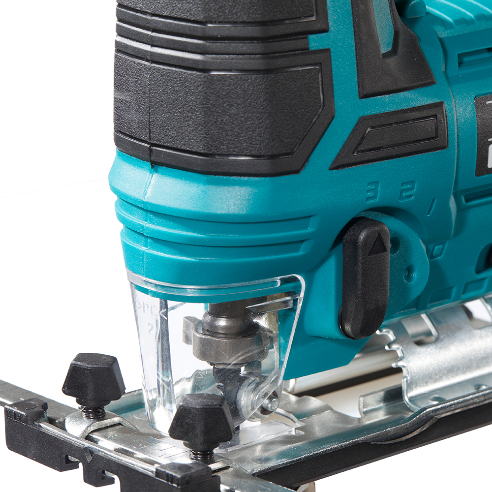 Woodworker utilizing a cordless jig saw for precise bevel cuts on a custom project